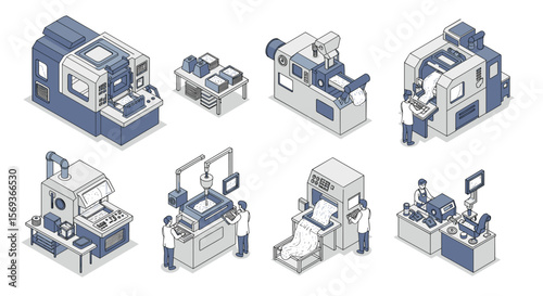 Isometric factory machines and workers vector illustration for manufacturing and automation design