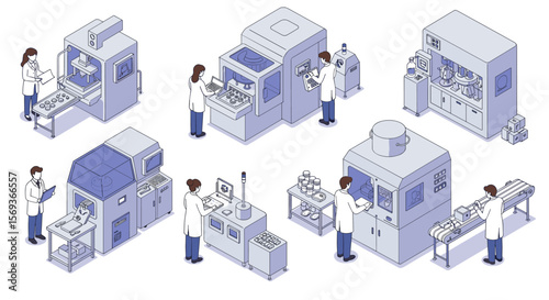 Isometric vector illustration of laboratory and manufacturing equipment for scientific and industrial processes