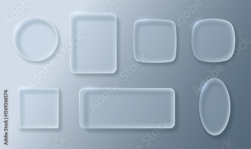 Glass buttons or frames of different shapes. UI element with transparency and blur effect. Vector 3d illustration.