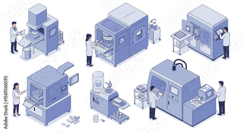 Isometric vector illustration of pharmaceutical manufacturing process for production design