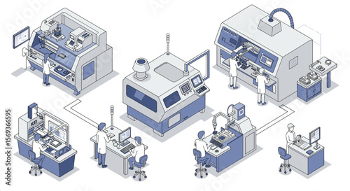 Isometric vector illustration of futuristic factory automation and manufacturing process