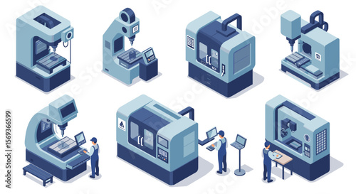 Isometric vector illustration of industrial cnc machines and operators for manufacturing design