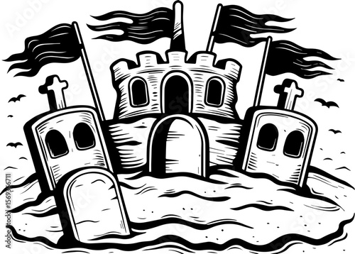 SVG design blending Halloween themes with a playful summer vibe. Enchanted Castle Illustration with Sailboats and Flags in Black and White
