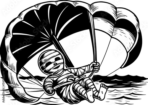 SVG design blending Halloween themes with a playful summer vibe. Vintage Style Illustration of Parachutist Over Ocean Waves