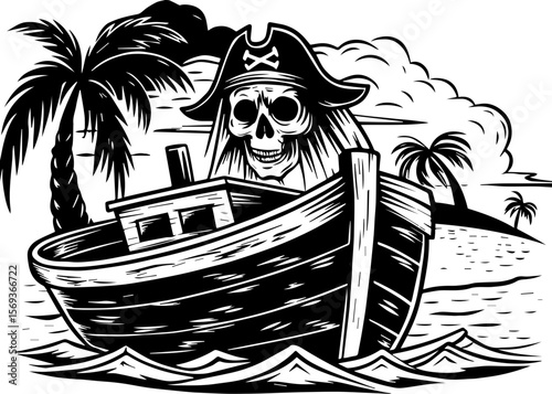 SVG design blending Halloween themes with a playful summer vibe. Pirate Skeleton in Boat with Palm Trees and Ocean Waves Artwork