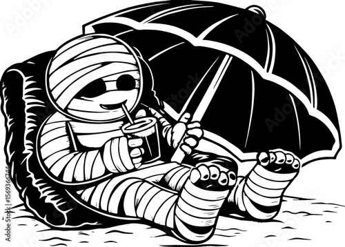 SVG design blending Halloween themes with a playful summer vibe. Relaxed Mummy Enjoying a Drink Under an Umbrella on the Beach