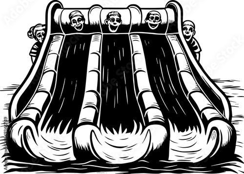 SVG design blending Halloween themes with a playful summer vibe. Fun Water Slide in Black and White Illustration with Characters