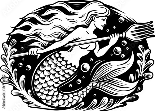 SVG design blending Halloween themes with a playful summer vibe. Elegant Mermaid Illustration with Trident and Bubbles in Sea