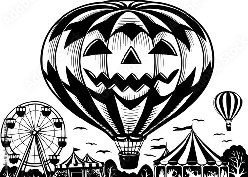 SVG design blending Halloween themes with a playful summer vibe. Halloween Themed Hot Air Balloon and Carnival Illustration Design