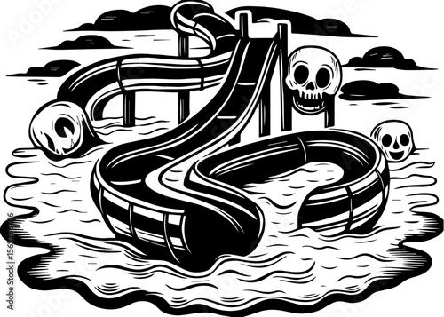 SVG design blending Halloween themes with a playful summer vibe. Creepy Water Slide with Skulls and Eerie Clouds in Background