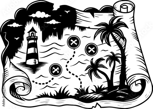 SVG design blending Halloween themes with a playful summer vibe. Nautical Adventure Map with Lighthouse and Palm Trees Illustration