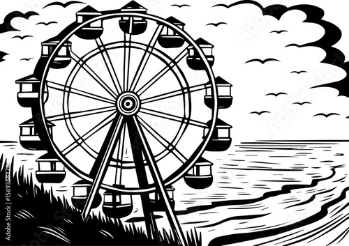 SVG design blending Halloween themes with a playful summer vibe. Black and White Art of Ferris Wheel by Ocean Shoreline with Clouds