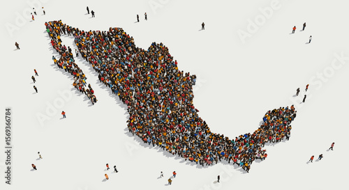 Vector illustration of diverse crowd forming map of mexico for social unity and community themes
