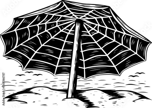 SVG design blending Halloween themes with a playful summer vibe. Artistic Illustration of Umbrella Designed as Spider Web in Black and White