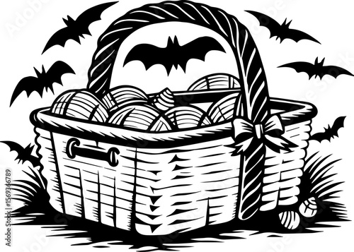 SVG design blending Halloween themes with a playful summer vibe. Halloween Basket with Bats and Decorative Elements for Spooky Season