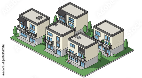 Modern apartment buildings with greenery vector illustration in isometric style for urban design