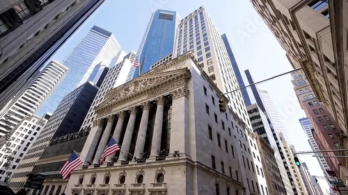 Iconic Wall Street Scene in Lower Manhattan Featuring NYSE Building as Global Finance Power Center
