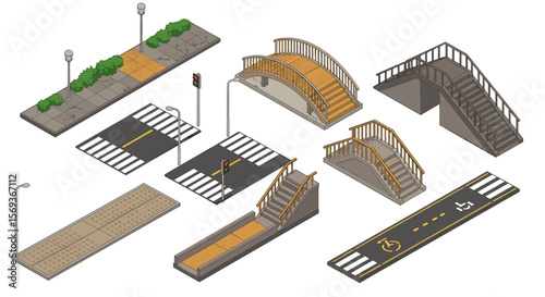 Isometric vector illustration of urban bridges and walkways for city design projects