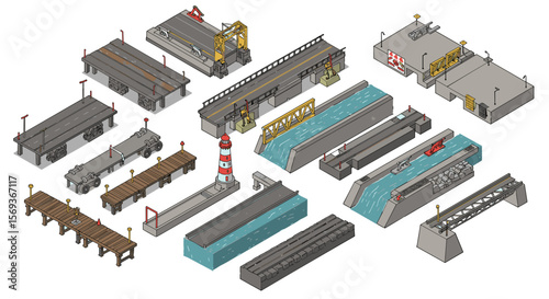 Isometric vector illustration of harbor elements and infrastructure for design and planning
