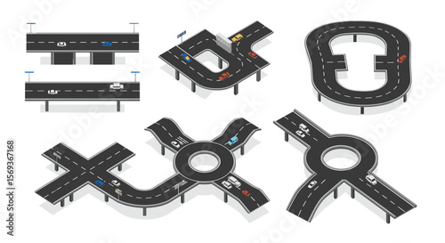 Isometric road elements vector illustration - highway and intersection design for urban planning and traffic concepts
