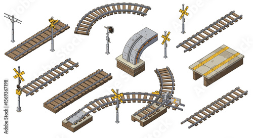 Isometric vector illustration of railway elements for design and construction projects