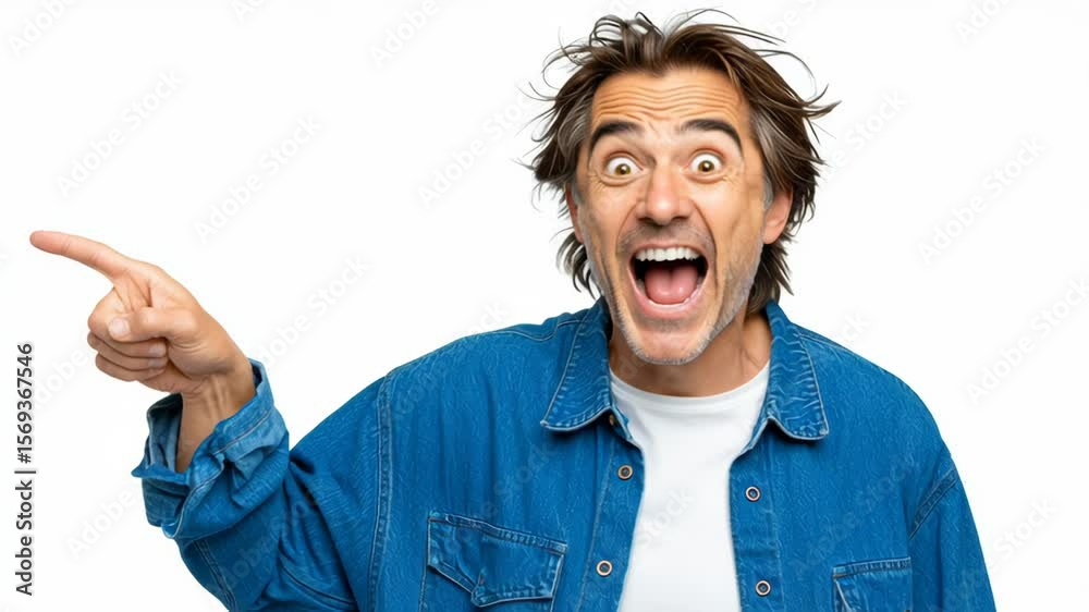 Man with a pointy finger is pointing to something. He has a surprised look on his face