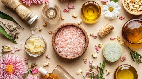 Wallpaper Mural Spa wellness flatlay with bath salts essential oils and herbs for natural selfcare skincare organic therapy Torontodigital.ca