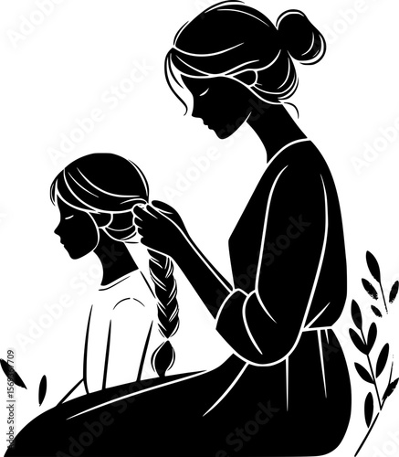 Mother gently braiding daughter’s hair, quiet and tender silhouette