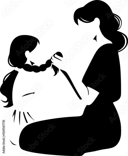 Mother gently braiding daughter’s hair, quiet and tender silhouette