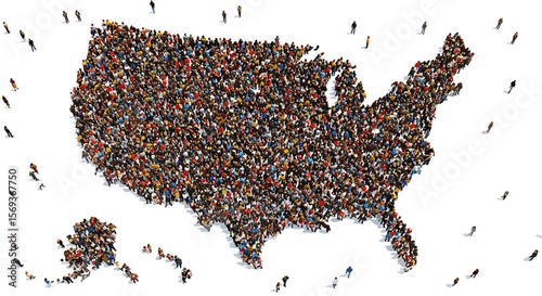 Diverse crowd forming map of united states vector illustration for poster or print design