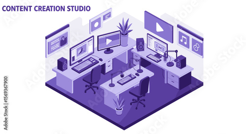 Modern content creation studio vector illustration in isometric design for multimedia projects