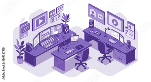 Modern office workspace vector illustration: dual desk setup for digital creatives in isometric style
