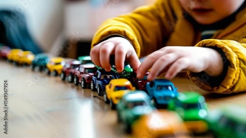 Toddler Boy Plays with Colorful Toy Cars Lined Up on a Wooden Surface Indoors