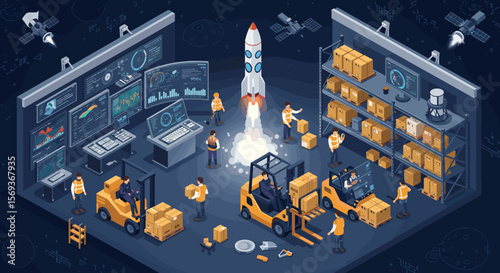 Warehouse and logistics operations in space vector illustration – isometric style for business and technology design
