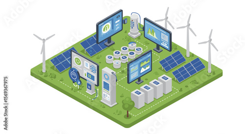 Isometric vector illustration of sustainable energy station with solar panels and wind turbines for eco-friendly design