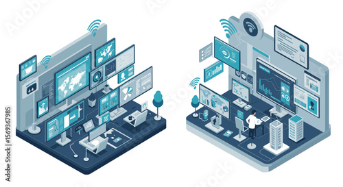 Isometric vector illustration of futuristic control rooms with digital technology for network management design