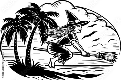 SVG design blending Halloween themes with a playful summer vibe. Enchanted Witch Flying Over Spooky Palm Tree Landscapes