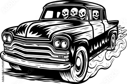 SVG design blending Halloween themes with a playful summer vibe. Vintage Haunted Car with Skull Passengers in Creepy Ghost Town