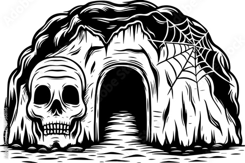 SVG design blending Halloween themes with a playful summer vibe. Spooky Skull Cave with Spider Webs for Haunted Locations Theme
