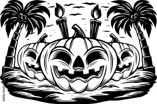SVG design blending Halloween themes with a playful summer vibe. Spooky Halloween Scene with Jack-o'-Lanterns and Tropical Vibes