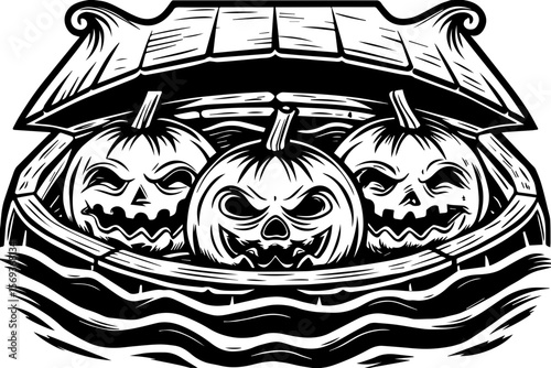 SVG design blending Halloween themes with a playful summer vibe. Creepy Pumpkin Faces Emerge from a Haunted Wooden Crate