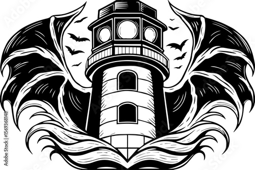 SVG design blending Halloween themes with a playful summer vibe. Dark Haunted Lighthouse with Bats and Waves in Vintage Style