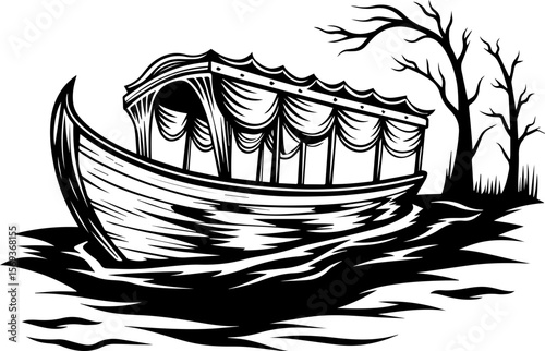 SVG design blending Halloween themes with a playful summer vibe. Haunted Boat on Dark Waters with Spooky Trees at Dusk