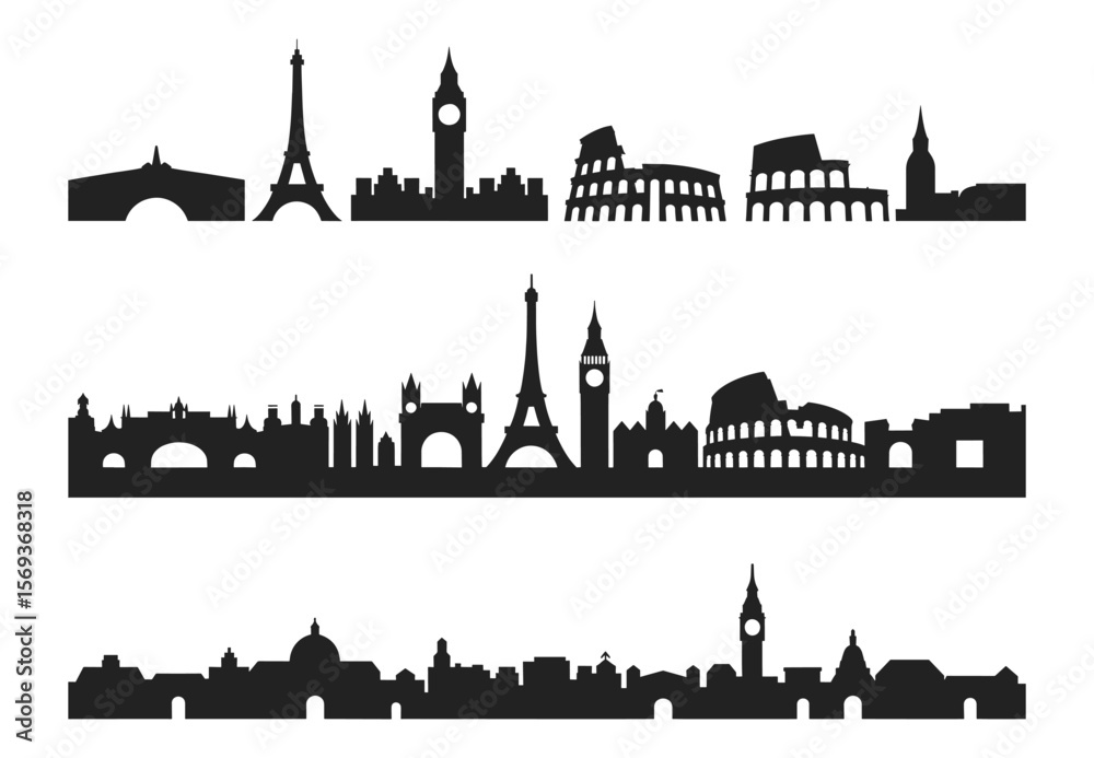 Fototapeta premium Silhouettes of European landmarks including Eiffel Tower, Big Ben, and Colosseum in iconic skylines, vector illustration. Combines famous cityscapes from Paris, London and Rome in black.