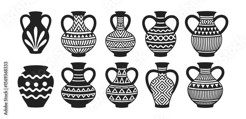 Silhouettes of ornamental pottery vases with geometric and tribal patterns, vector illustration set. Set includes amphora shapes and traditional ceramic vessels with bold linear decoration.