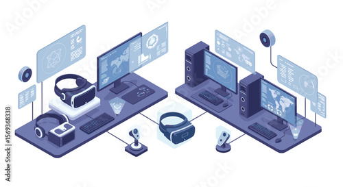 Isometric vector illustration of virtual reality and gaming setup