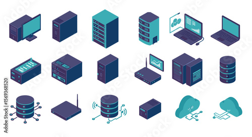Isometric data center and networking vector illustration for technology and it design