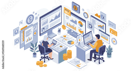 Business analytics and data analysis vector illustration in isometric style for digital marketing and financial reports