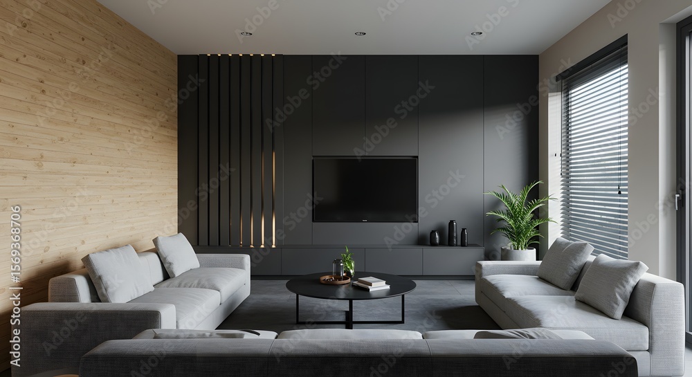 Fototapeta premium Modern Living Room with Minimalist Design and Wood Accent Wall