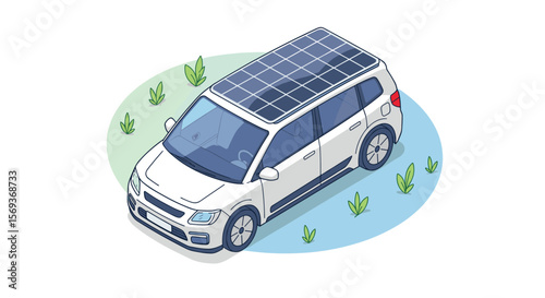 Isometric eco friendly car with solar panels vector illustration for environmental awareness and design projects